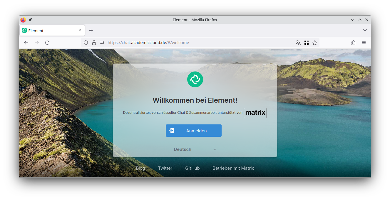 Startseite des Element Webclient mit Anmeldebutton