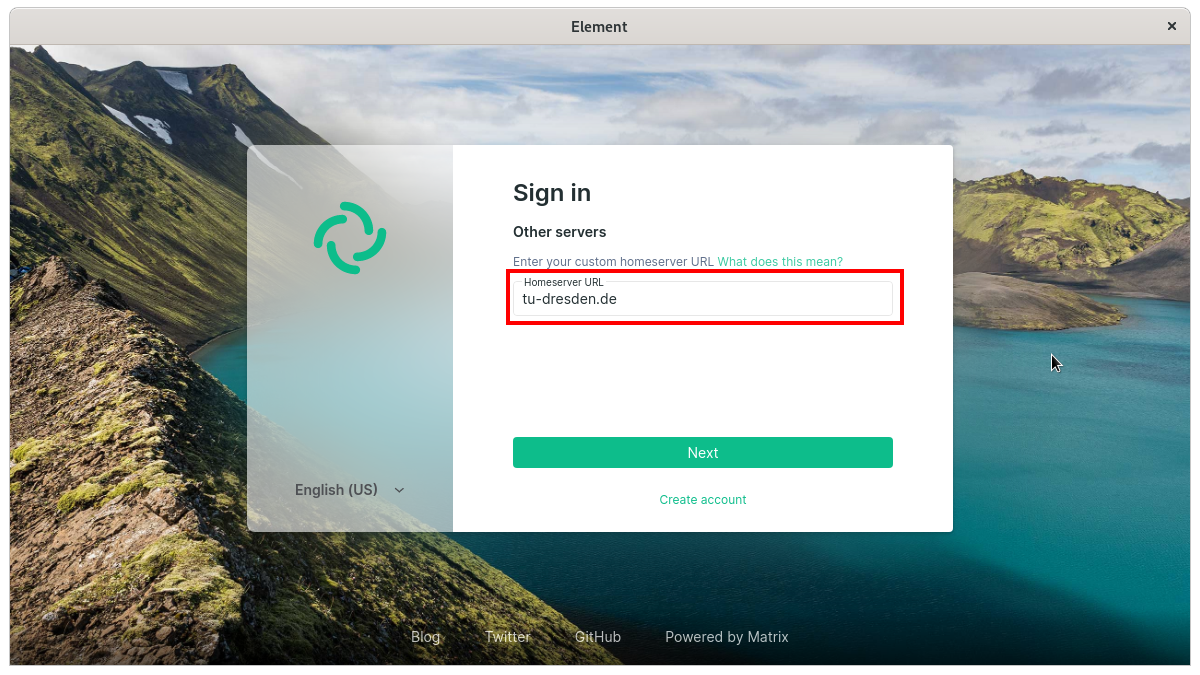 Input field to change the home server with the input tu-dresden.de