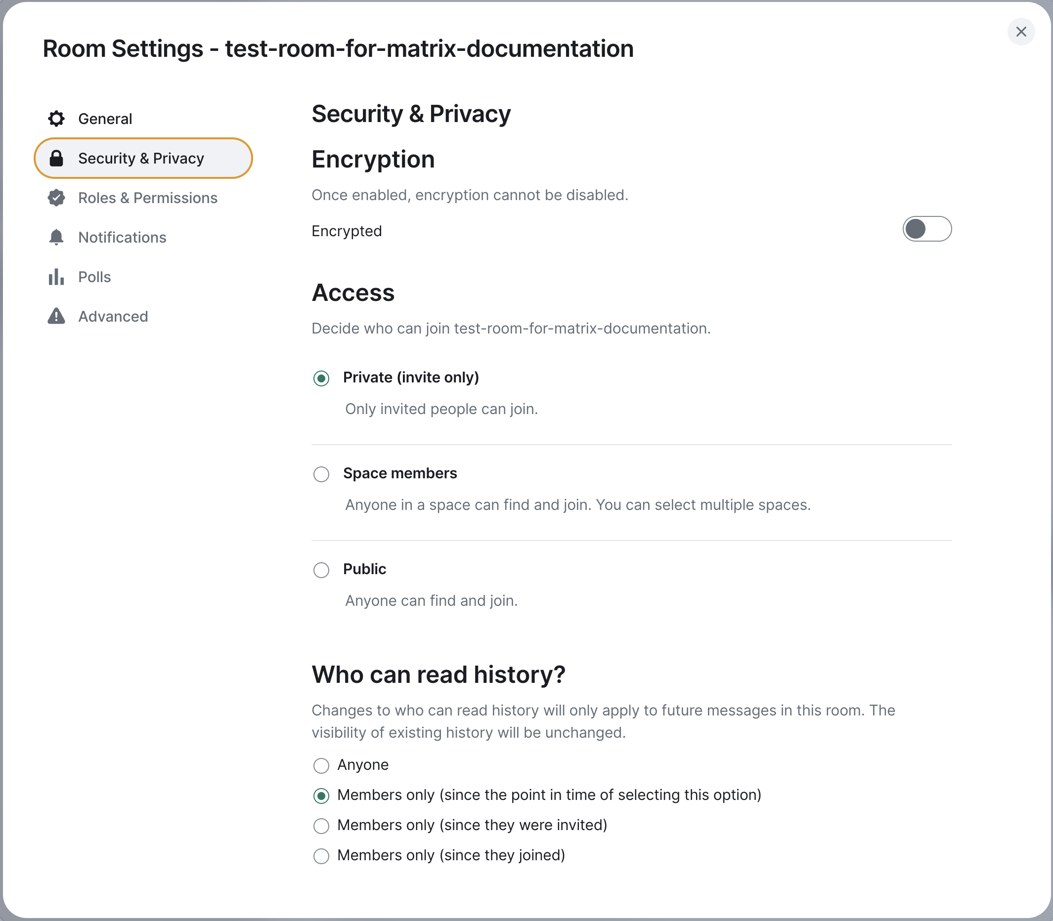 Security settings for the newly created room