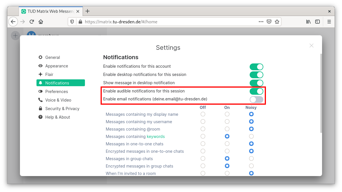 Screenshot of the notification settings with a marker of the switched off e-mail notifications