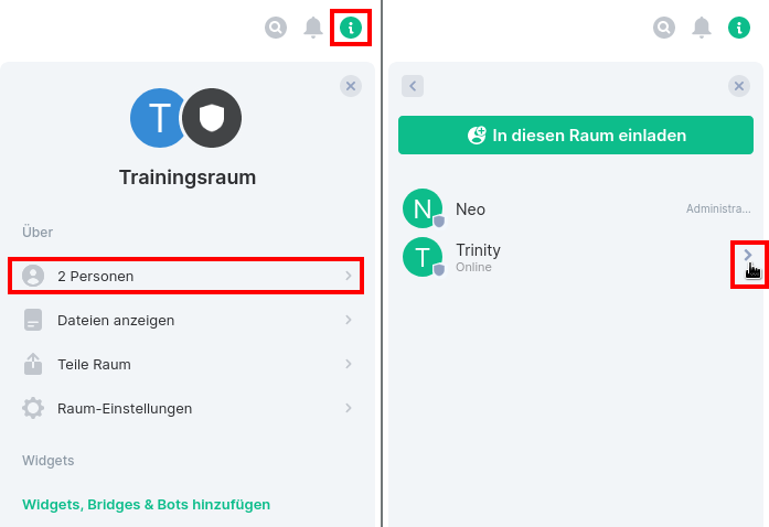 Dropdownmenü für die Rechtevergabe für Raumteilnehmende (Bildreihe 1)